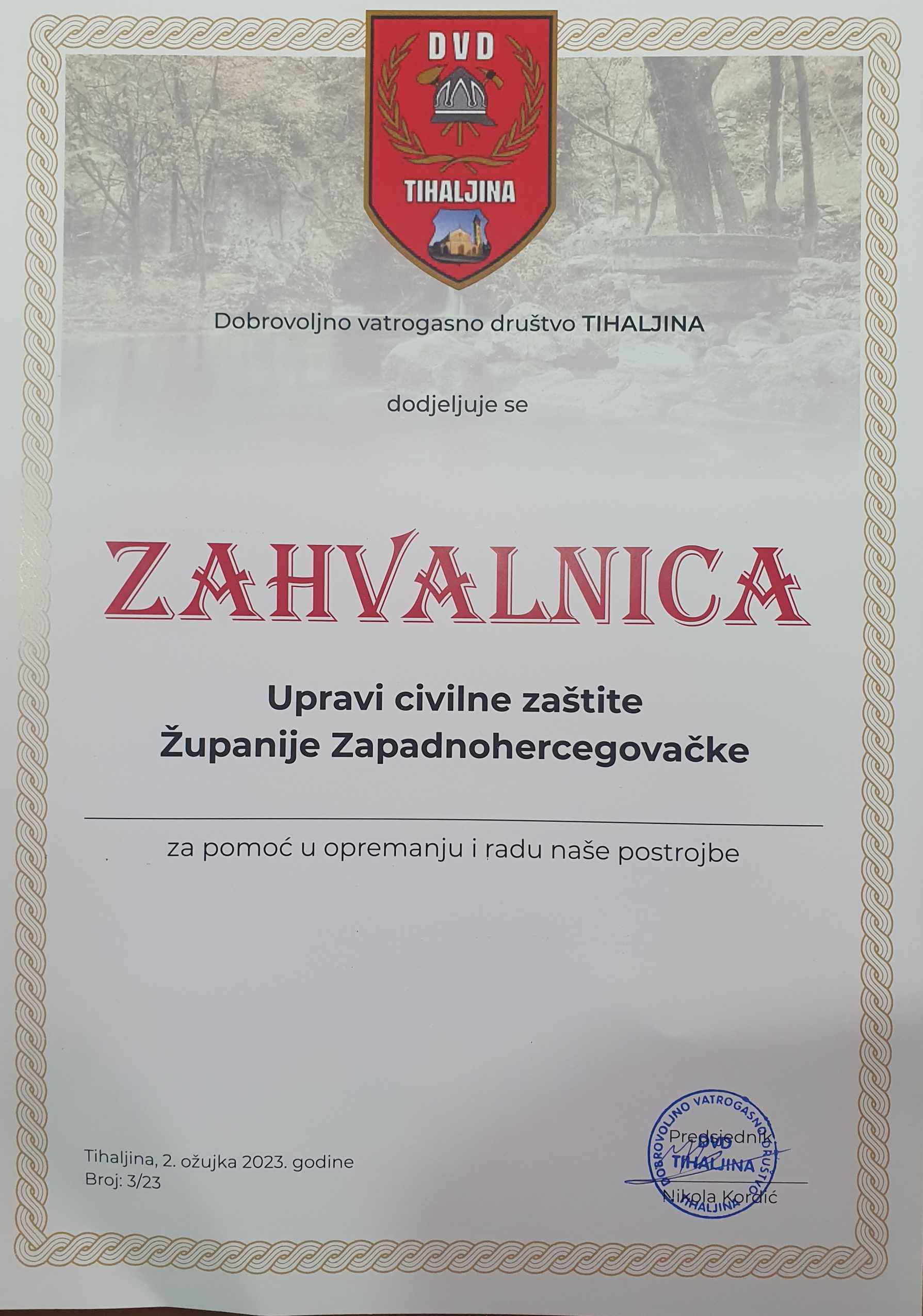 zahvalnica tihaljina